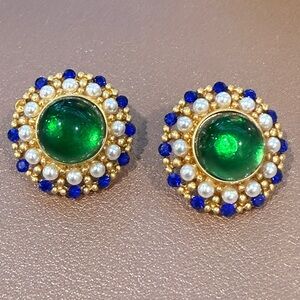 Vintage KOVONCHY green, blue, pearl stone pierced earrings